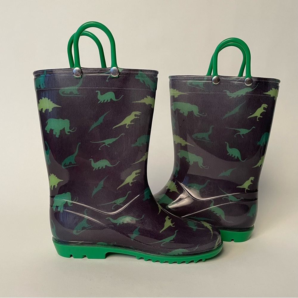 Green dinosaur Puddle Play rain boots with easy on handles